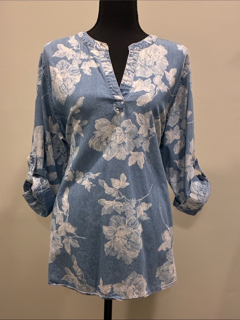 Chico's Blue Tunic with White Floral Print and Split V-Neck